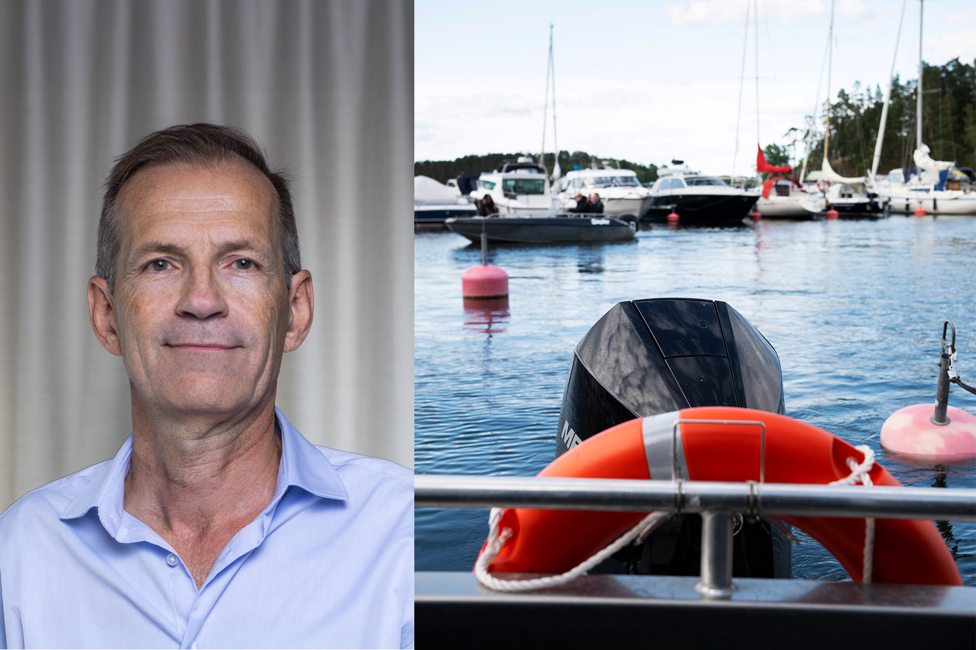 Porträttbild av en man. Intill syns en bild av en småbåtshamn.