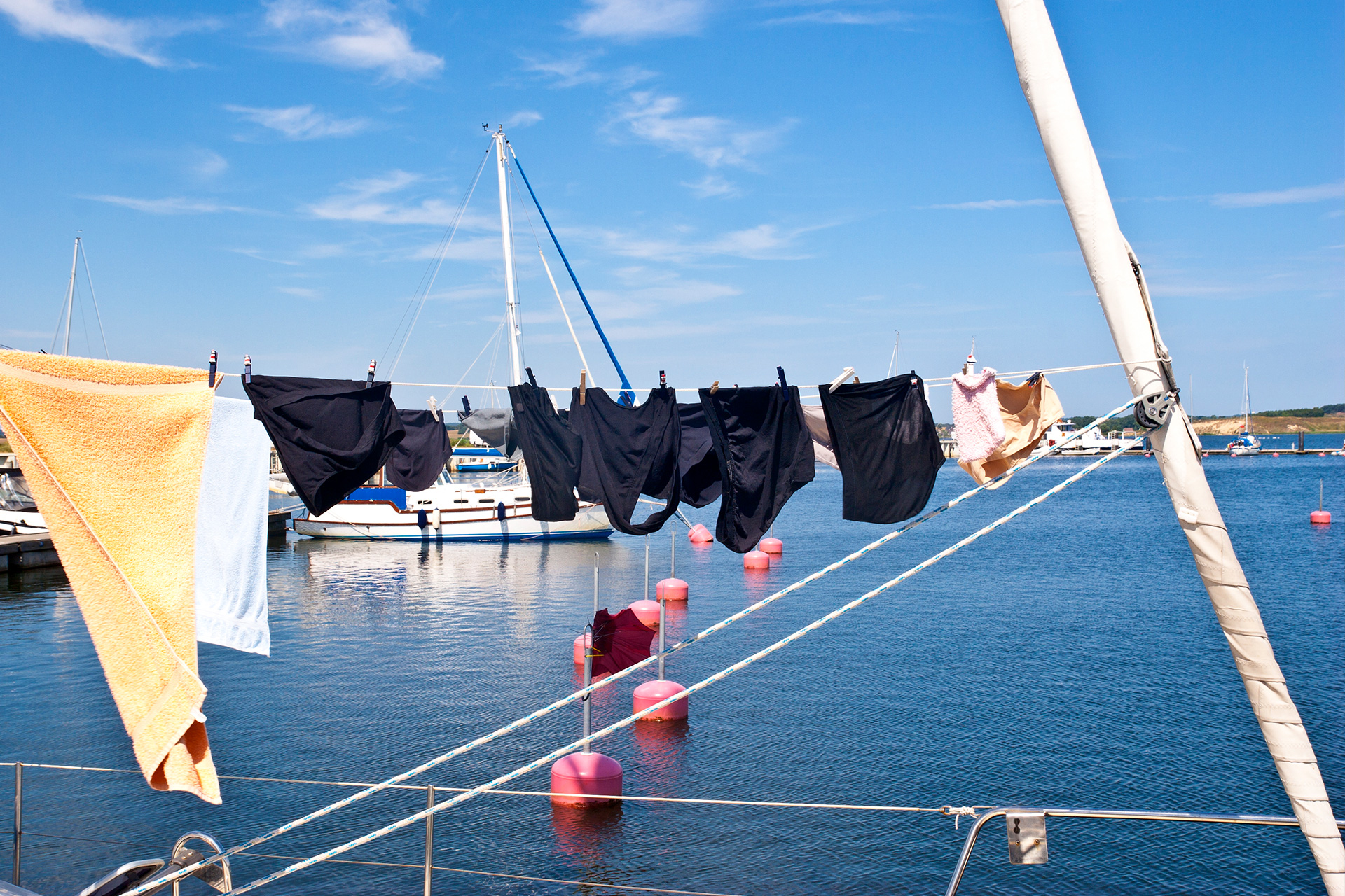 Laundry drying on a clothesline in a boat
