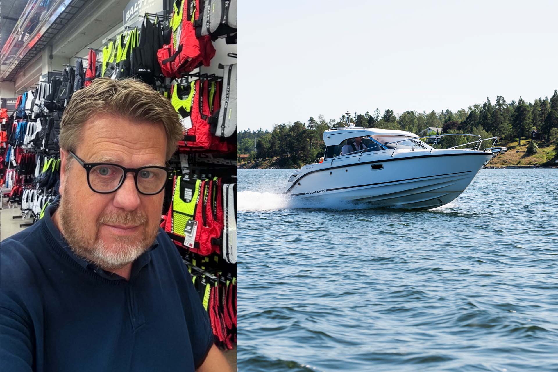 Porträttbild av en man i en butik som säljer räddningsvästar. Bredvid syns en bild av en motorbåt på vattnet.